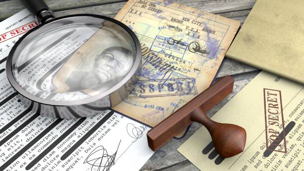 istock Top secret document, declassified, confidential information, secret text. Rubber stamp and magnifying glass. Passport, secret agent 1127626455