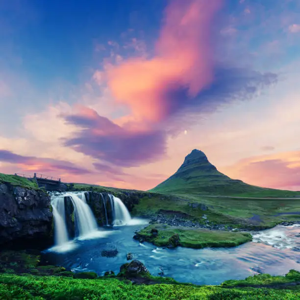 Photo of Colorful sunrise on Kirkjufellsfoss waterfall