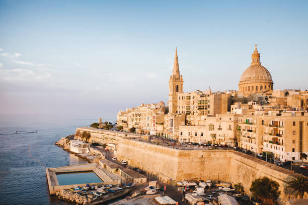 View of Valletta from St Andrew's Bastions. stock photo
