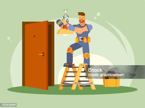 Colorful Illustration Of A Male Electrician Stock Illustration - Download Image Now - Electrician, Adjusting, Blue-collar Worker