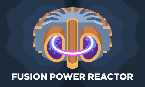 A colorful illustrated model of a fusion power reactor This illustration presents a model of a fusion power reactor in a cross-section, namely a magnetic confinement reactor type that uses a magnetic field to squeeze the plasma in a doughnut-shaped chamber atom nuclear energy physics science stock illustrations