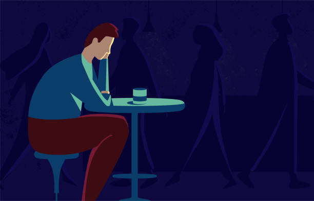 llustration of a man who is depressed This illustration shows a sad man sitting at a table, he is in depression, the world around him has lost all color and seems faceless lonely stock illustrations
