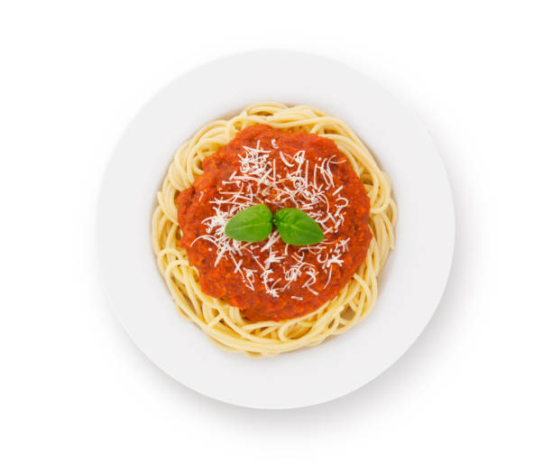 spaghetti bolognese on plate - top view - basil bowl cooked cheese imagens e fotografias de stock