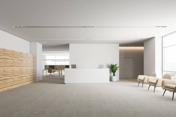 istock Office waiting room with lockers and armchairs 1127635826