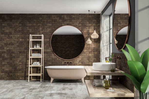 istock Brick bathroom interior, tub and sink 1127635899