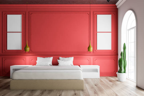 istock Red bedroom with poster gallery 1127635903