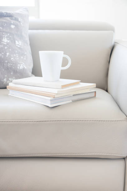 coffee mug on stack of books on sofa
