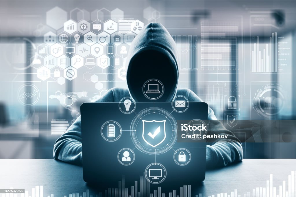Computing and malware concept Computing and malware concept. Hacker using computer with digital business interface. Double exposure Computer Crime Stock Photo