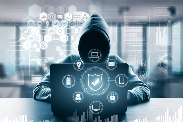 Computing and malware concept Computing and malware concept. Hacker using computer with digital business interface. Double exposure computer crime photos stock pictures, royalty-free photos & images