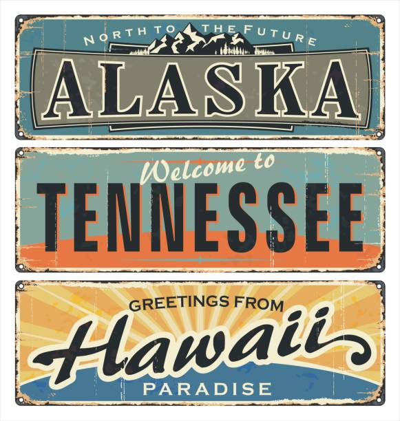 Vintage tin sign collection with US. All States. Alaska. Tennessee. Hawaii. Retro souvenirs or old paper postcard templates on rust background. States of America.