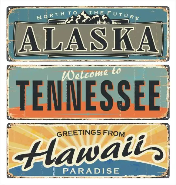 Vector illustration of Vintage tin sign collection with US. All States. Alaska. Tennessee. Hawaii. Retro souvenirs.