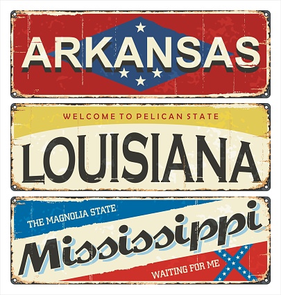 Vintage tin sign collection with America state. Arkansas. Louisiana. Mississippi. Retro souvenirs or postcard templates on rust background. American flag. Stars.