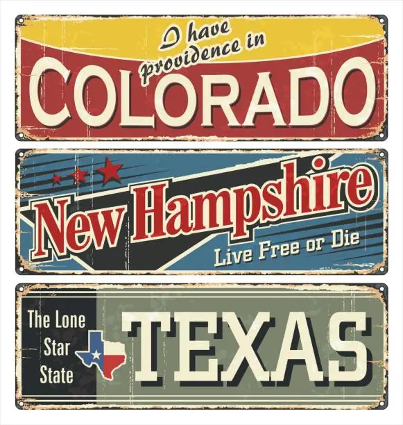 Vector illustration of Vintage tin sign collection with America state. Colorado. New Hampshire. Texas. Retro souvenirs on rust background. American flag. Patriot. Rodeo. Tradition. Grunge effects can be removed. US.