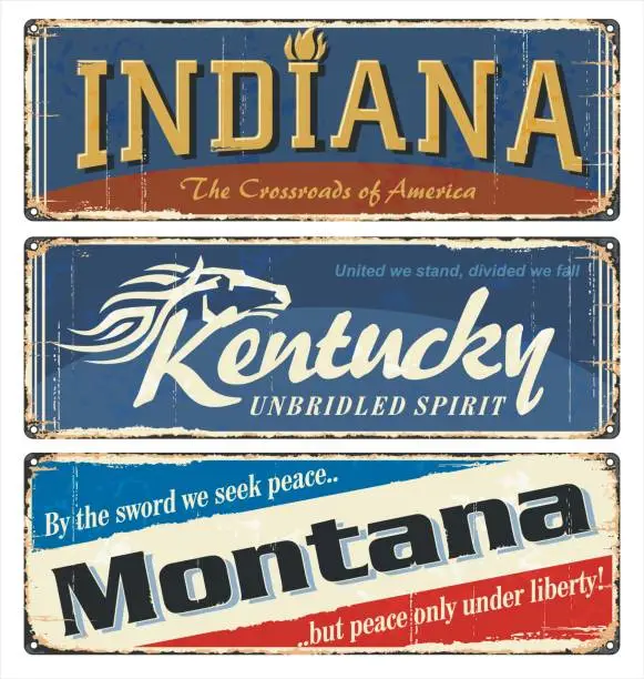 Vector illustration of Vintage tin sign collection with US. Indiana. Kentucky. Montana. All States. Retro souvenirs or old paper postcard templates on rust background. States of America.