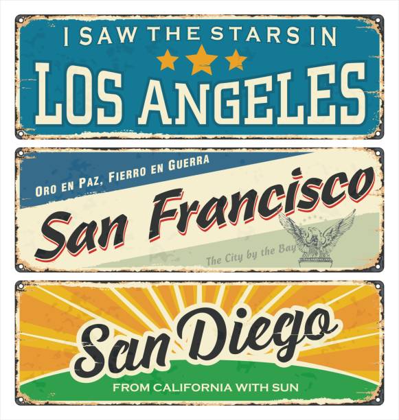 Vintage tin sign collection with USA cities. Los Angeles. San Francisco. San Diego. Retro souvenirs or postcard templates on vintage background.