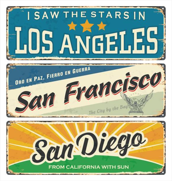 Vintage tin sign collection with US cities. Los Angeles. San Francisco. San Diego. Retro souvenirs or postcard templates on vintage background. California. America. Vintage tin sign collection with USA cities. Los Angeles. San Francisco. San Diego. Retro souvenirs or postcard templates on vintage background. san diego stock illustrations