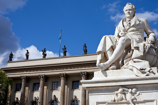 Statue of historic figure Alexander von Humboldt located outisde Humboldt University in the city of Berlin, Germany.