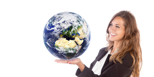 istock Pensive businesswoman with a big planet 1127640824