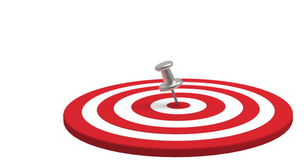 istock Silver thumbtack placed in the target isolated on white background. Business target concept.3D render. 1127640914