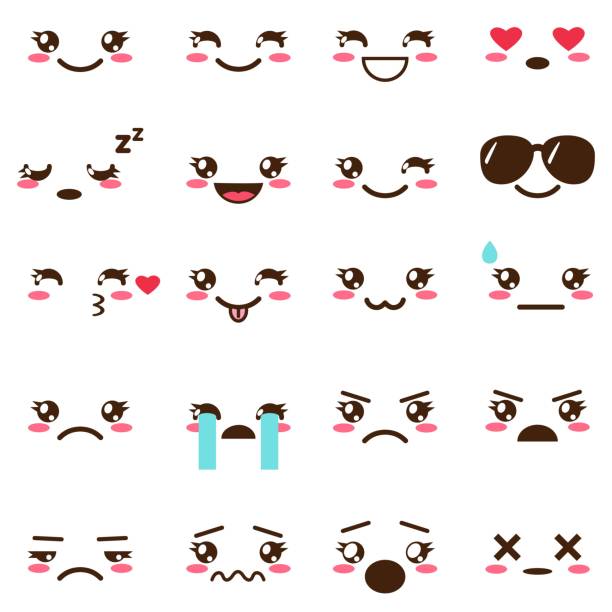 vektor-set von cute kawaii emoji - kawaii stock-grafiken, -clipart, -cartoons und -symbole