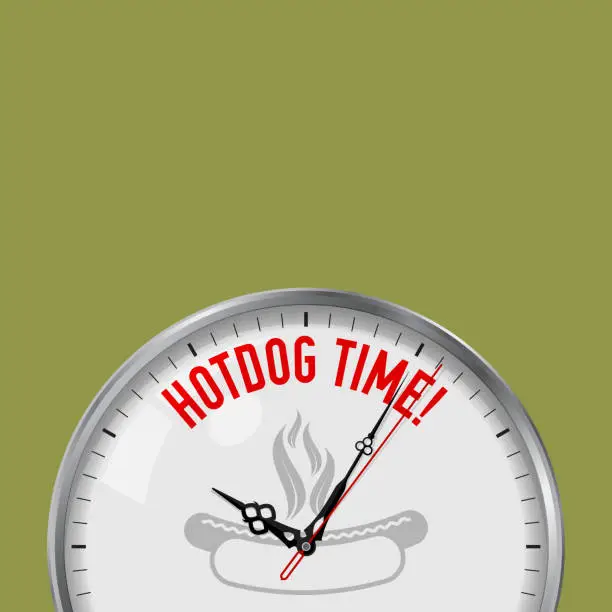 Vector illustration of Hotdog Time. White Vector Clock with Motivational Slogan. Analog Metal Watch with Glass. Sausage on Fire Icon