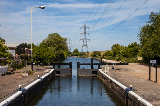 A view of Picketts Lock on the River Lee Navigation in London.