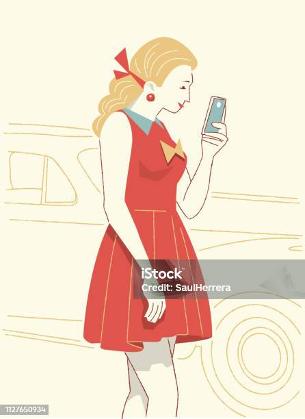 휴대 전화를 보고 하는 여자 영업 대표에 대한 스톡 벡터 아트 및 기타 이미지 - 영업 대표, 유행하는, 전화