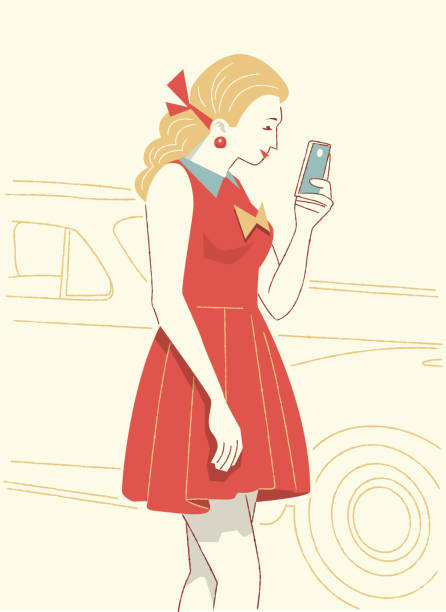 Woman Watching the Cell Phone Woman Watching the Cell Phone in a retro Image adulto joven stock illustrations