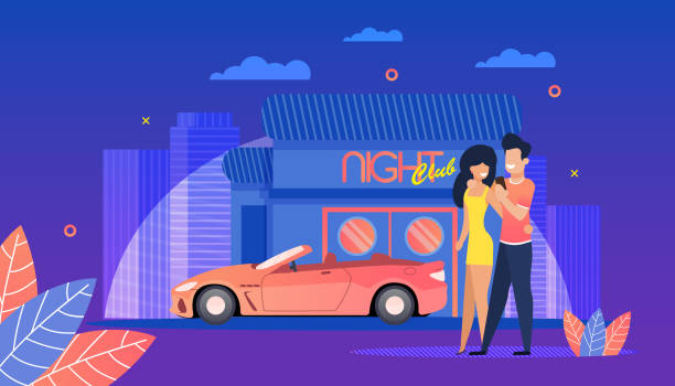 Night Club. Young People have fun Summer Evening. Night Club. Young People have fun Summer Evening. Beautiful Woman and Man attend Night Club. Evening Street big City. Parking Cars near Entertainment venue. Modern red Car with Open Top. woman driving car night stock illustrations