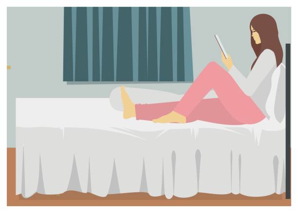 ilustrações de stock, clip art, desenhos animados e ícones de young lady reading on the bedroom - woman with glasses reading a book