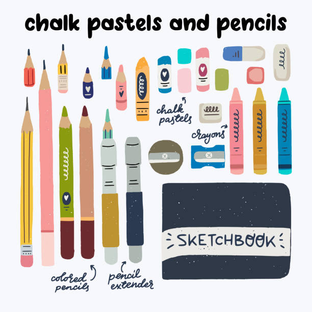 Art supplies hand drawn set Chalk pastels and pensils art suppliers. Tools for sketching and drawing. Flat multicoloured clipart objects designed for store, workshop, set element, site etc. Vector illustration kit. clip art of how to draw a train stock illustrations