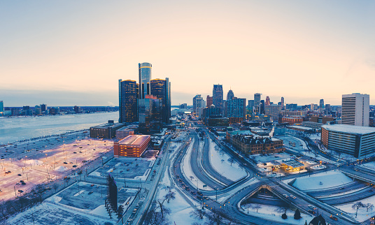 Detroit downtown in Winter Aerial view