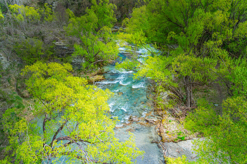 Arrow River flowing fast through gorge lined with lush green deciduous trees