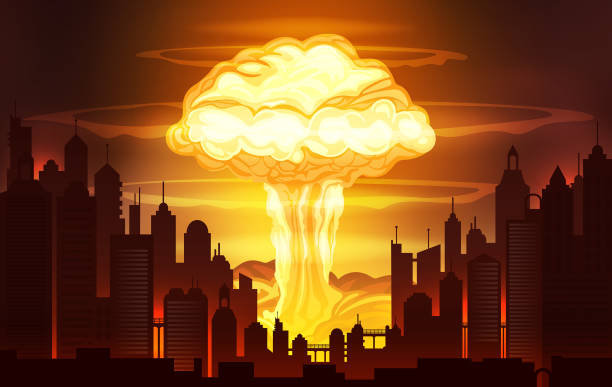 ilustraciones, imágenes clip art, dibujos animados e iconos de stock de ilustración de vector de explosión nuclear, quema el panorama de la ciudad. - fireball flame fire bomb