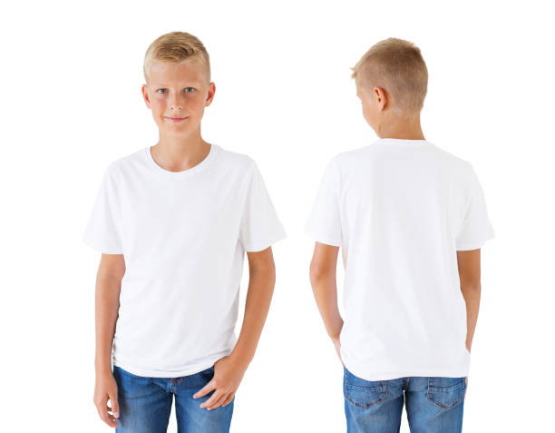 Boy's white t-shirt mockup template, front and back Caucasian ethnicity boy's white t-shirt mockup template, front and back ass boy stock pictures, royalty-free photos & images