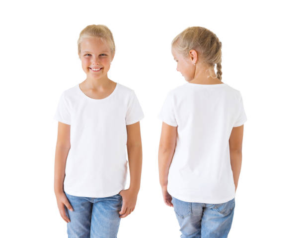 weißes t-shirt-mock-up-vorlage, vorderund rückseite des mädchens - ethnic small fashion model one person stock-fotos und bilder