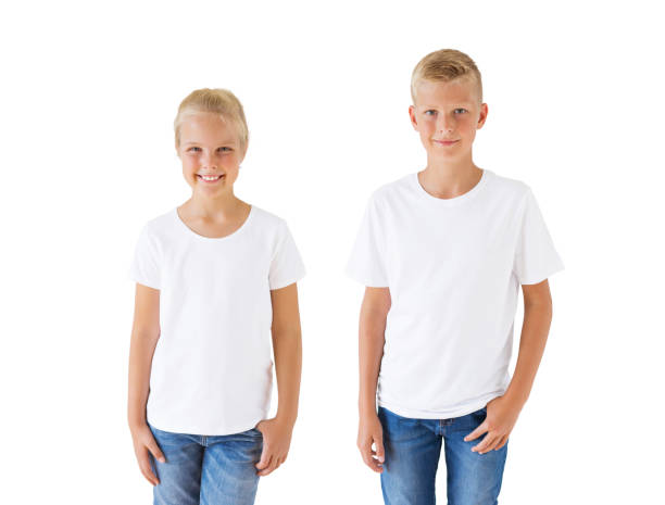 Girl's and boy's white t-shirt mockup template Caucasian ethnicity girl's and boy's white t-shirt mockup template ass boy stock pictures, royalty-free photos & images