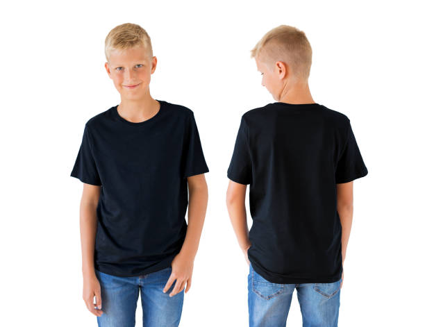 Boy's black t-shirt mockup template, front and back Caucasian ethnicity boy's black t-shirt mockup template, front and back ass boy stock pictures, royalty-free photos & images