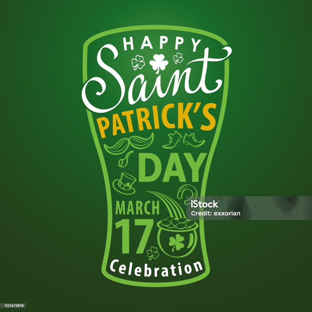 St. Patrick's Day Beer Typography St. Patrick's Day text typography forming a beer glass shape Parade stock vector