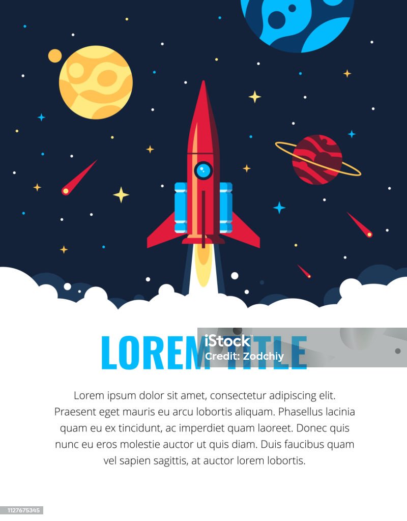 space-text-template copy The rocket in the space vector flat design illustration. Good concept for business technology. Detailed satellite in the space. Abstract template for banners and pop ups. Rocketship stock vector