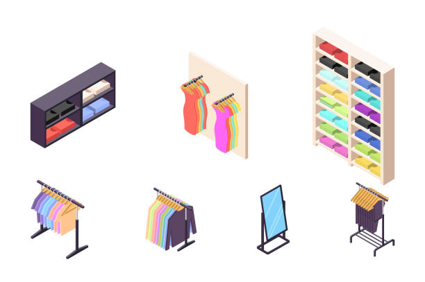 Isometric 3d collection isolated urban element of clothing store. Isometric 3d collection isolated urban element of clothing store. Concept set with dress, t-shirt, jeans, mirror, shelf. Low poly. Vector illustration. garment store fashion rack stock illustrations