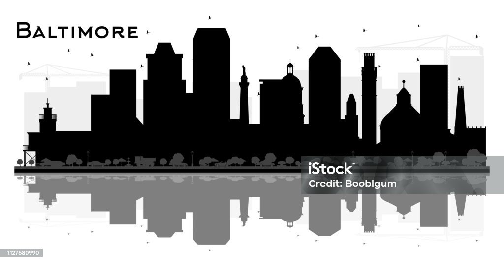 Baltimore Maryland City Skyline Silhouette with Black Buildings and Reflections Isolated on White. Baltimore Maryland City Skyline Silhouette with Black Buildings and Reflections Isolated on White. Vector Illustration. Tourism Concept with Historic Architecture. Baltimore Cityscape with Landmarks. Downtown District stock vector