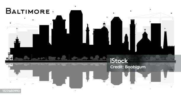 Baltimore Maryland City Skyline Silhouette With Black Buildings And Reflections Isolated On White Stock Illustration - Download Image Now