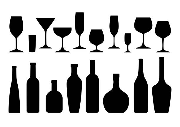 ilustraciones, imágenes clip art, dibujos animados e iconos de stock de conjunto de diferentes vasos y botellas. - silhouette vodka bottle glass