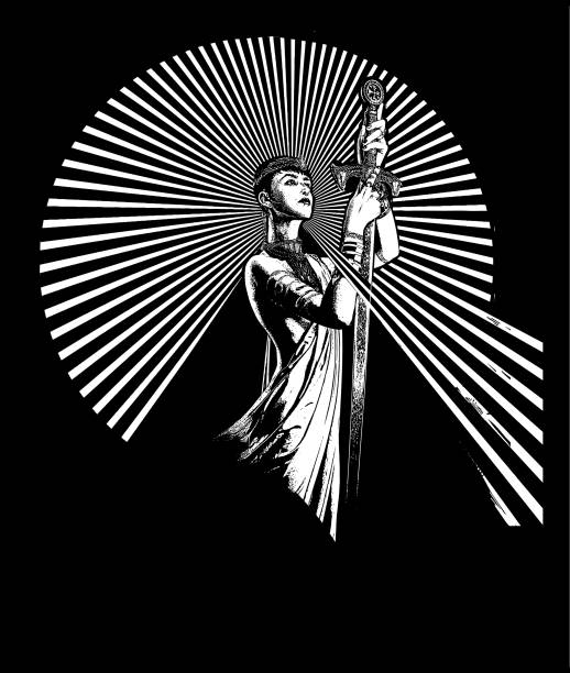 silna, pewna siebie kobieta podnosząca miecz - gods rays stock illustrations