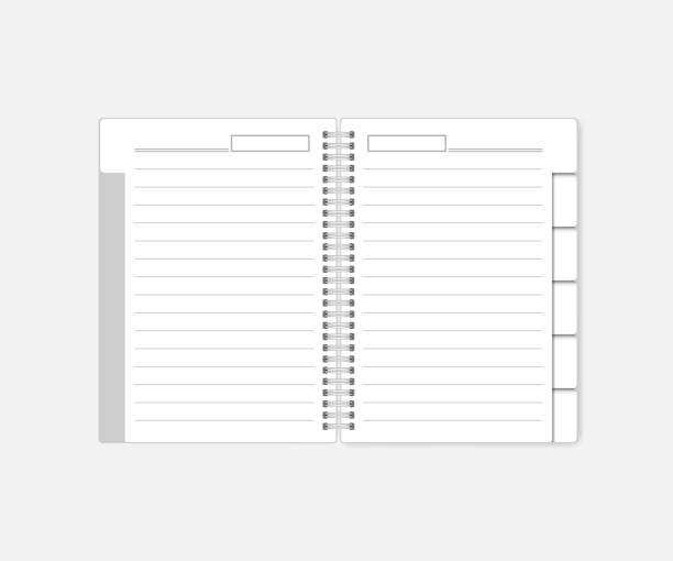 illustrations, cliparts, dessins animés et icônes de cahier ligné liés à spirale fil ouvert, journal intime avec intercalaires onglet - maquette - spiral notebook ring binder open wire