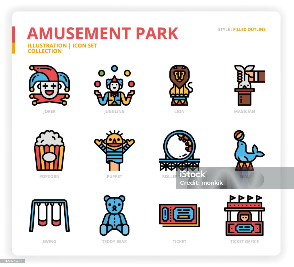 Amusement Park icon set Amusement Park icon set web design, book, magazine, poster, ads, app, etc. Circus stock vector