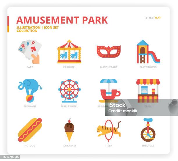 Amusement Park Icon Set Stock Illustration - Download Image Now - Bouncy Castle, Cotton Candy, Popcorn