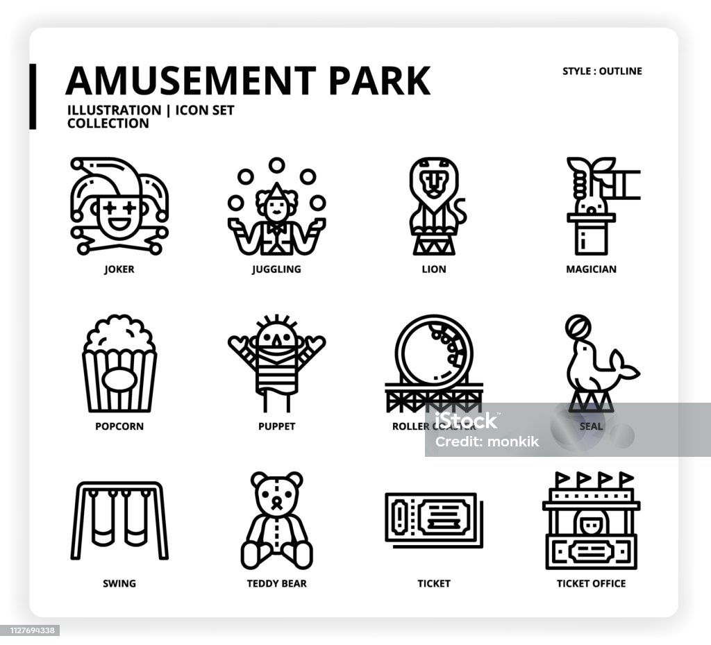 Amusement Park icon set Amusement Park icon set web design, book, magazine, poster, ads, app, etc. Puppet stock vector