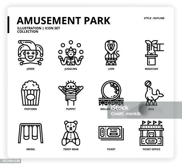 Amusement Park Icon Set Stock Illustration - Download Image Now - Puppet, Popcorn, Juggling